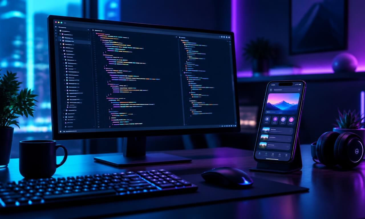 Computador com código e smartphone com aplicativo