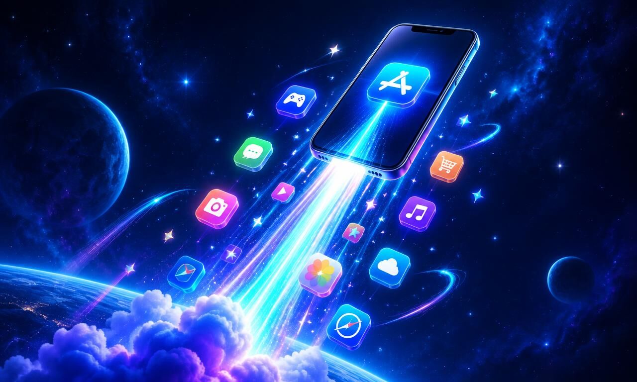 Smartphone sendo lançado com ícones de aplicativos
